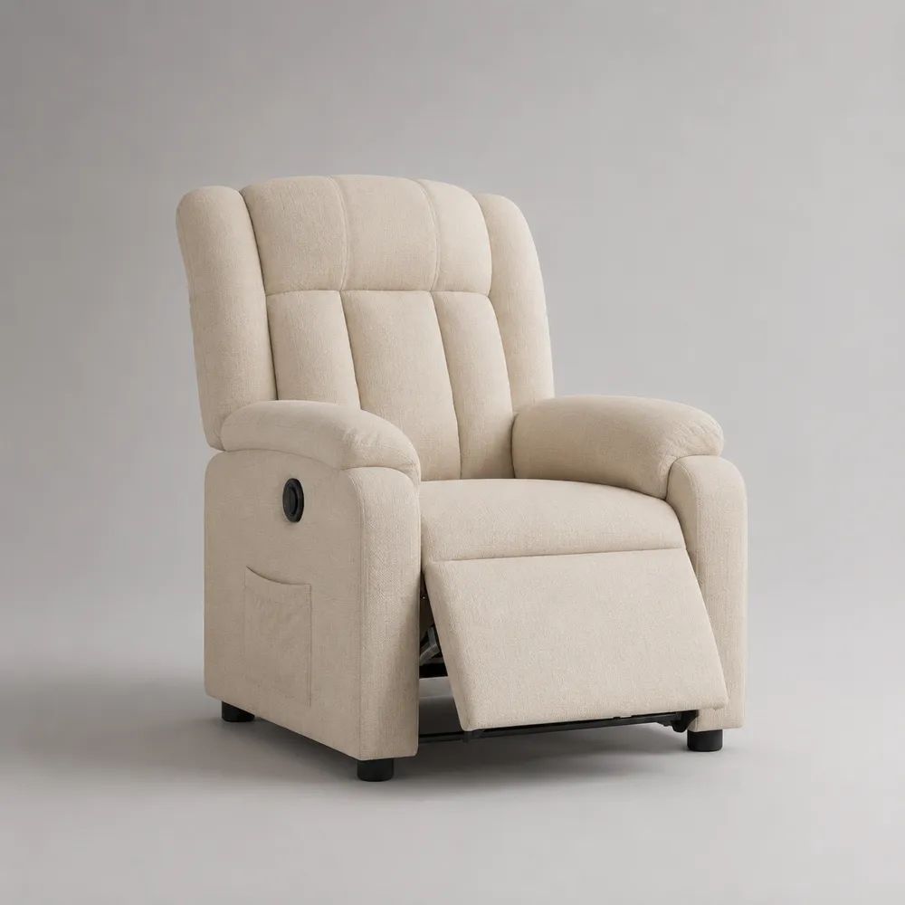 Poltrona reclinabile manuale in tessuto bouclé crema con schienale alto e poggiapiedi, 75 x 92 x 105 cm