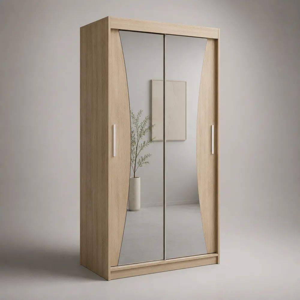 Armadio guardaroba in legno con 2 ante scorrevoli specchiate, rovere chiaro, 100 x 52 x 200 cm
