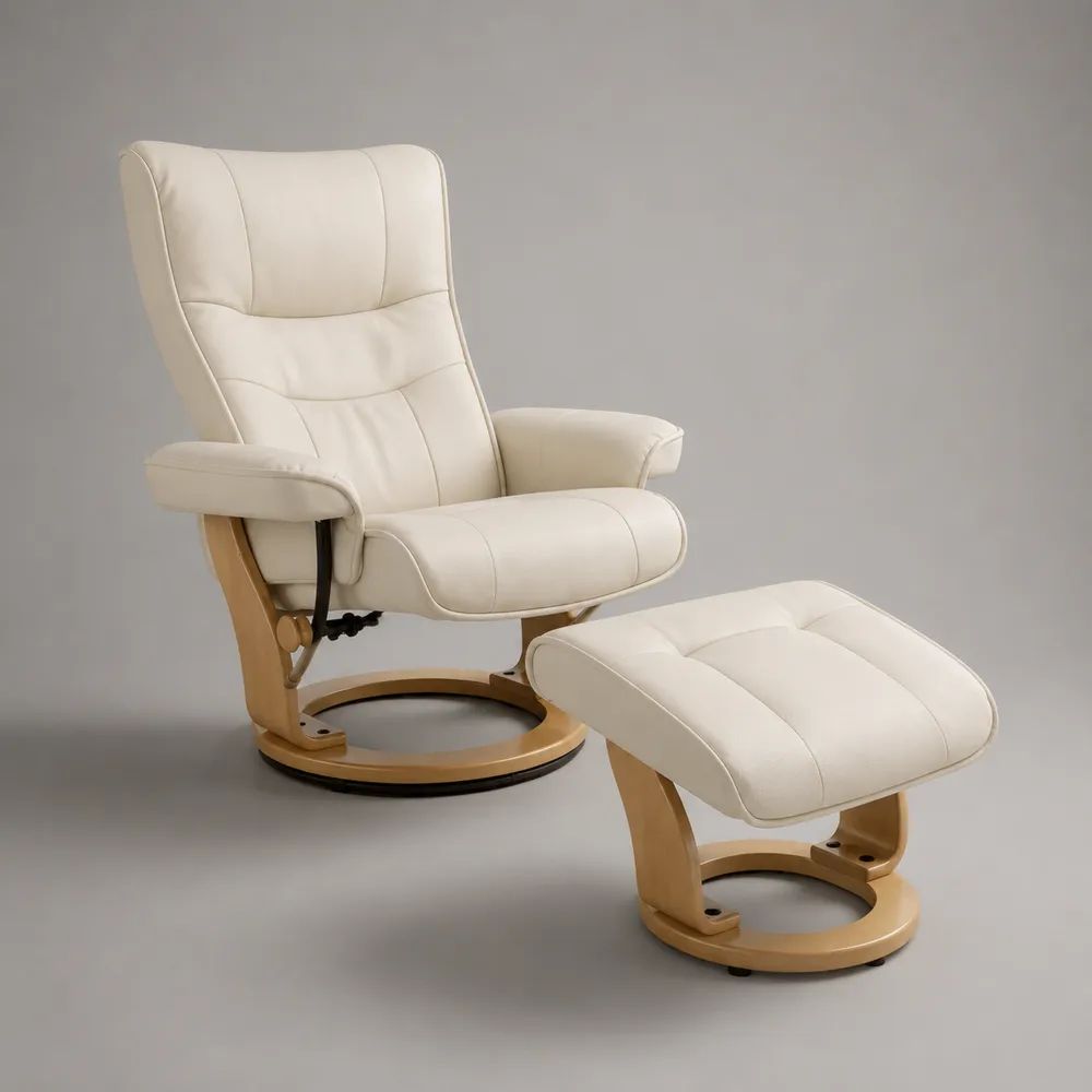 Set da interno con poltrona reclinabile girevole e poggiapiedi in pelle sintetica PU avorio, poltrona 82 × 78 × 104 cm, poggiapiedi 51 × 45 × 42 cm