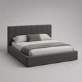 Letto matrimoniale contenitore imbottito in velluto grigio scuro, rete a doghe e testiera a pannelli, materasso 160 × 200 cm, dimensioni 218 × 178 × 110 cm
