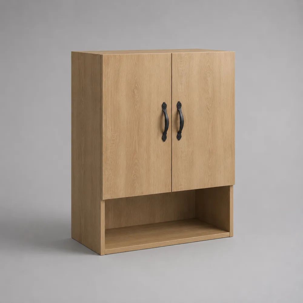 Armadio rettangolare a 2 ante con vano aperto, effetto rovere naturale e nero, 80 x 35 x 110 cm
