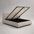 Letto matrimoniale contenitore 160 x 200 cm, dimensioni 178 x 220 x 118 cm, in velluto di poliestere beige con rete a doghe alzabile