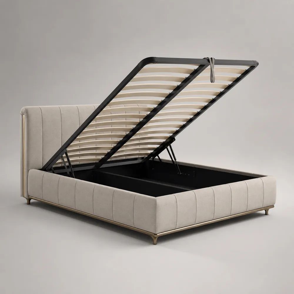 Letto matrimoniale contenitore 160 x 200 cm, dimensioni 178 x 220 x 118 cm, in velluto di poliestere beige con rete a doghe alzabile