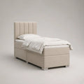 Letto boxspring singolo 90 x 200 cm beige con materasso a molle, topper e testiera imbottita, dimensioni complessive 100 x 210 x 120 cm