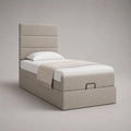 Letto singolo contenitore rettangolare 90 x 200 cm in poliestere beige con testiera imbottita, 215 x 102 x 130 cm