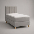 Letto boxspring singolo in tessuto grigio chiaro con materasso e topper, superficie di riposo 90 x 200 cm, dimensioni 100 x 210 x 120 cm