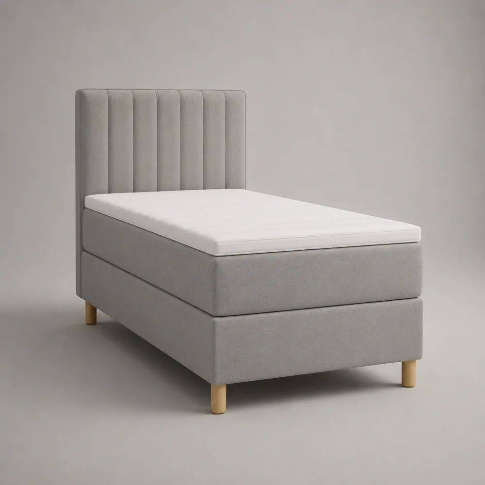 Letto boxspring singolo in tessuto grigio chiaro con materasso e topper, superficie di riposo 90 x 200 cm, dimensioni 100 x 210 x 120 cm