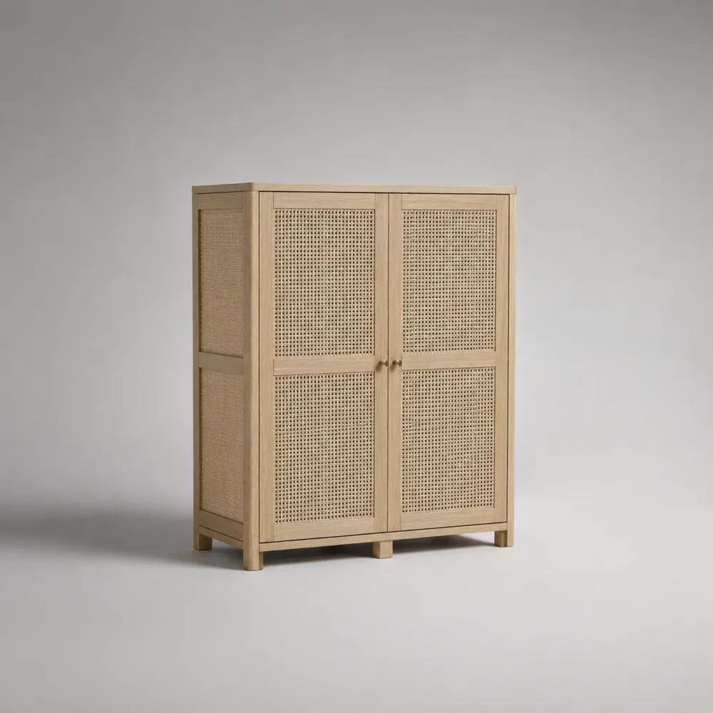 Armadio rettangolare a 2 ante in legno massello e rattan naturale beige, 90 × 40 × 120 cm