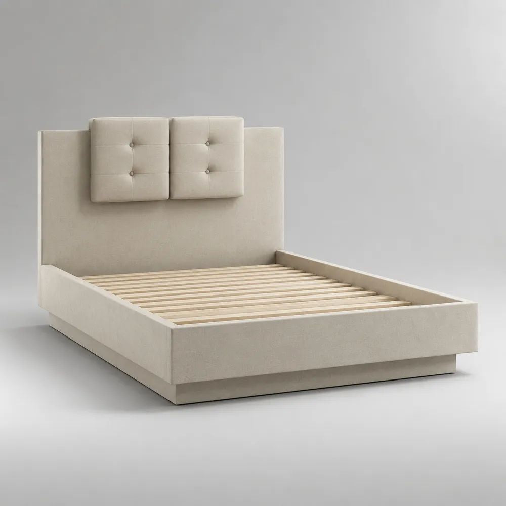 Letto matrimoniale imbottito in tessuto beige 178 x 218 x 135 cm con rete a doghe e testiera alta, per materasso 160 x 200 cm
