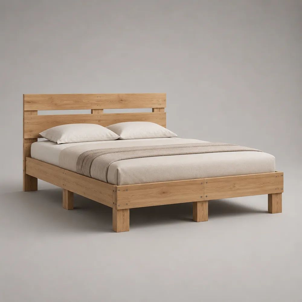 Letto matrimoniale rettangolare 160 x 200 cm in pino massello naturale con testiera e rete a doghe