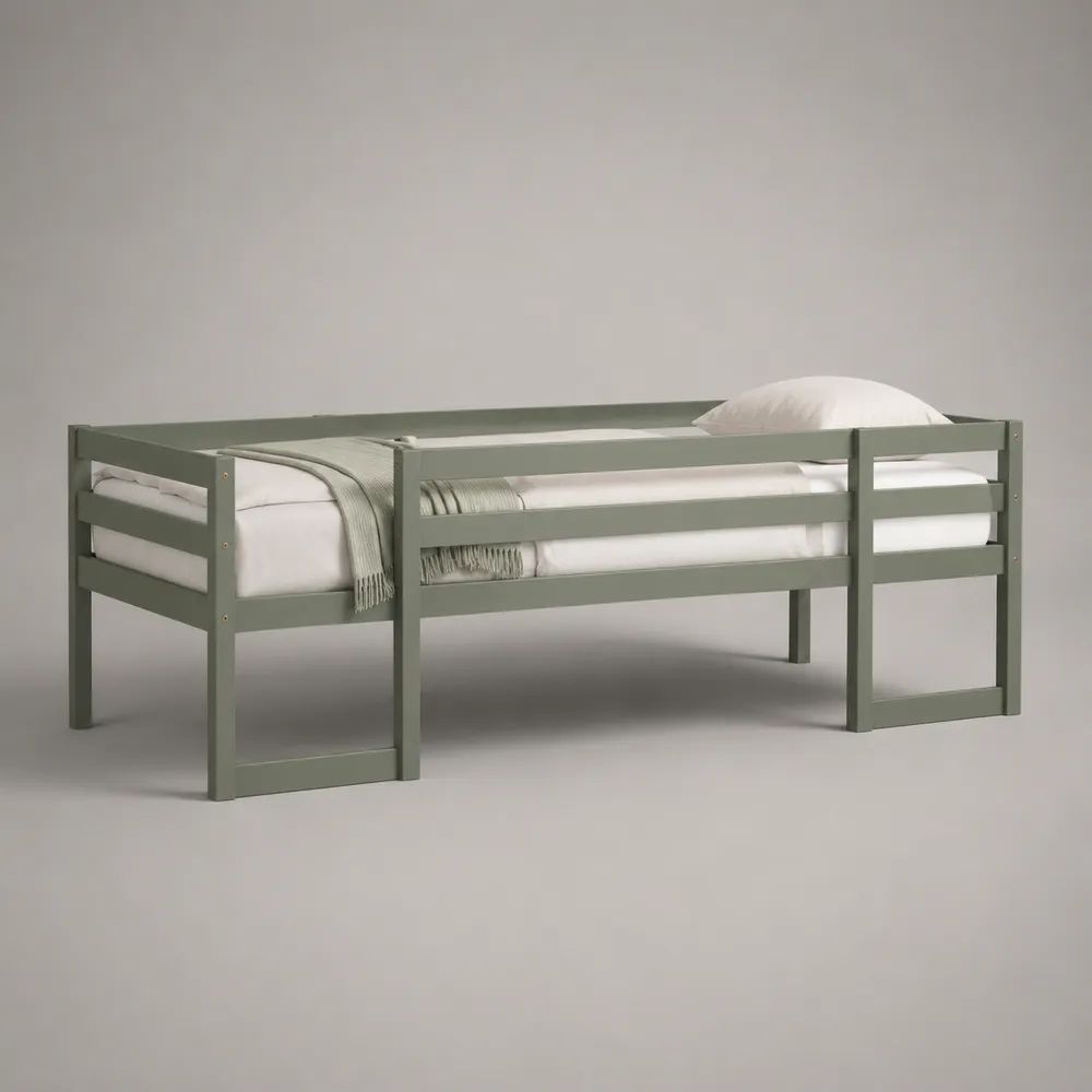 Letto a soppalco basso per bambini 90 x 200 cm in pino massello verde salvia con sponde e scala, 205 x 96 x 100 cm