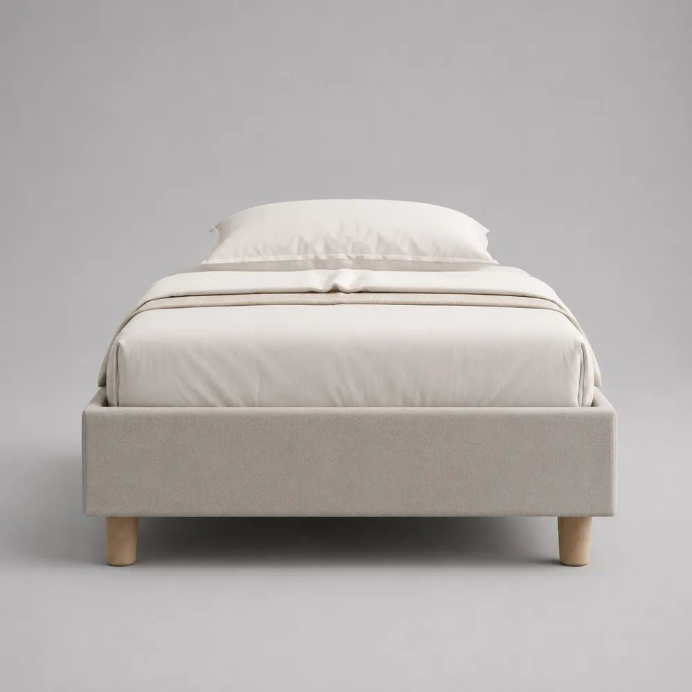 Letto matrimoniale francese imbottito senza testiera con rete a doghe, beige e legno naturale, 140 x 200 cm