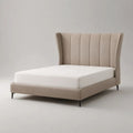 Letto matrimoniale imbottito beige con testiera alta, rete a doghe e gambe in metallo, per materasso 160 × 200 cm, dimensioni 180 × 218 × 120 cm