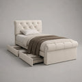 Letto singolo imbottito in tessuto bouclé beige con 2 cassetti e rete a doghe, per materasso 90 x 200 cm, dimensioni 108 x 225 x 110 cm