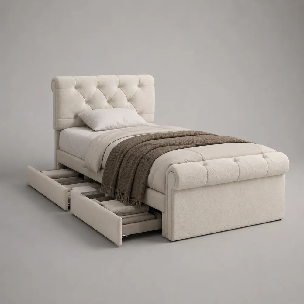 Letto singolo imbottito in tessuto bouclé beige con 2 cassetti e rete a doghe, per materasso 90 x 200 cm, dimensioni 108 x 225 x 110 cm