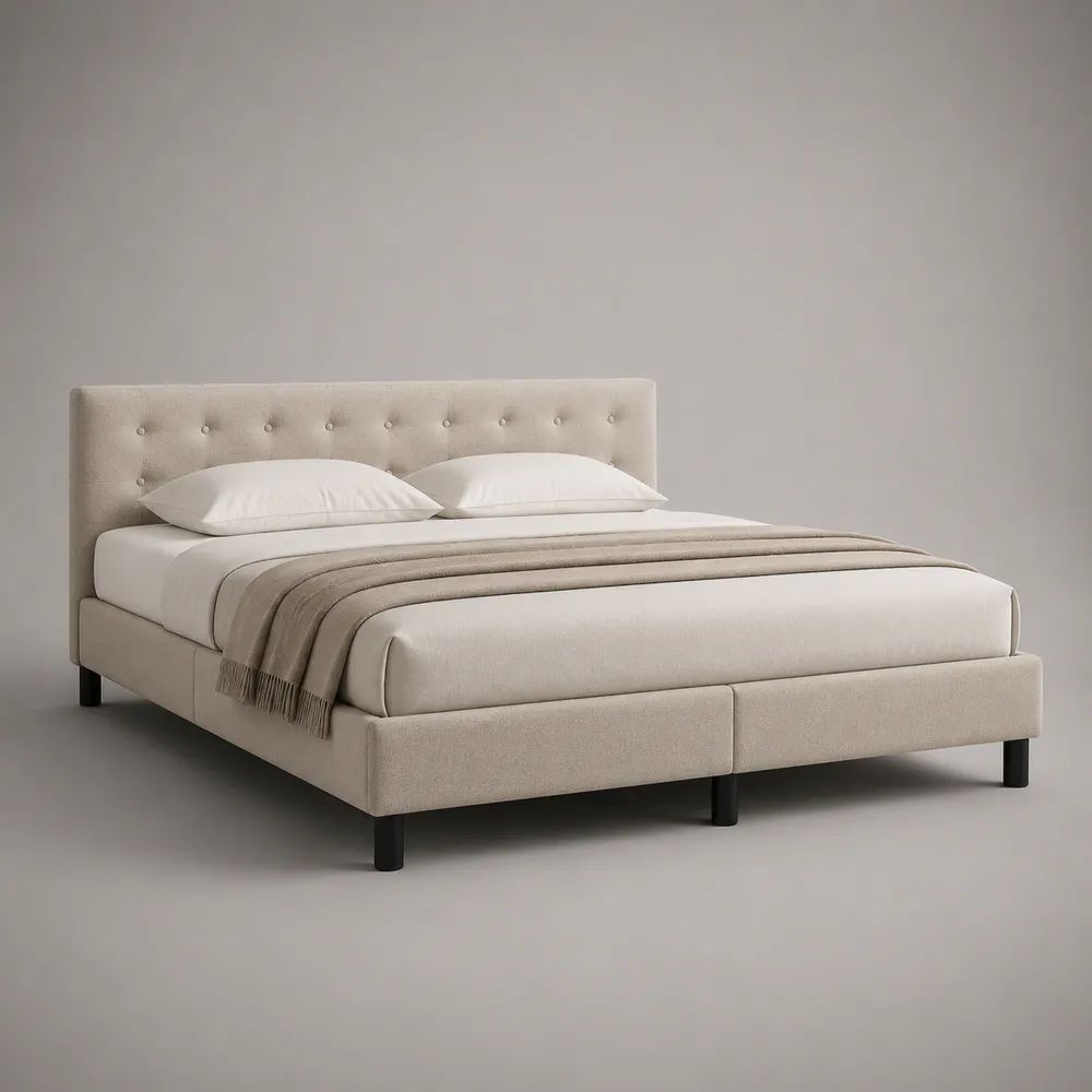 Letto matrimoniale imbottito beige 170 × 215 × 110 cm, superficie letto 160 × 200 cm, testiera capitonné e rete a doghe