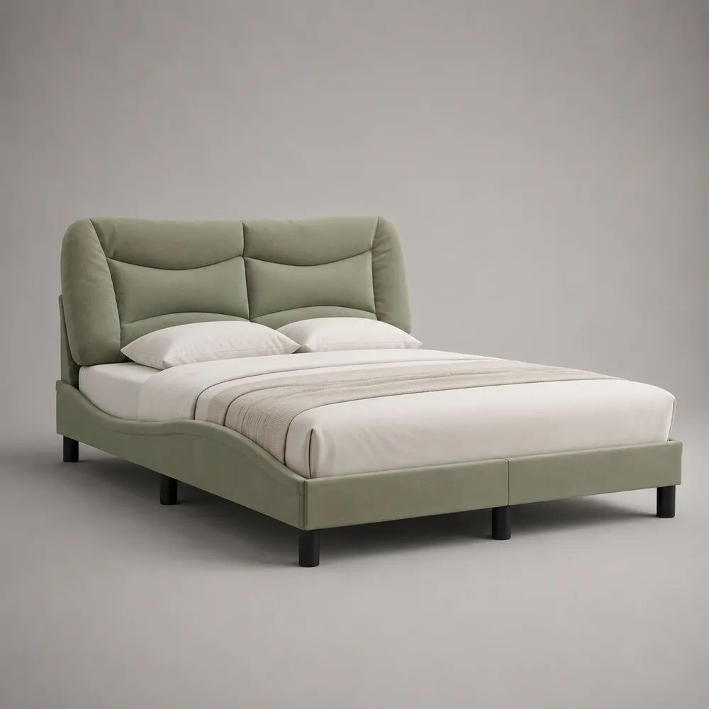 Letto matrimoniale imbottito in tessuto verde salvia, 178 x 218 x 110 cm, rete 160 x 200 cm e testiera alta