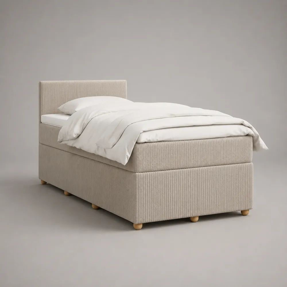 Letto singolo imbottito beige in velluto a coste con materasso 90 x 200 cm, dimensioni 100 x 210 x 110 cm