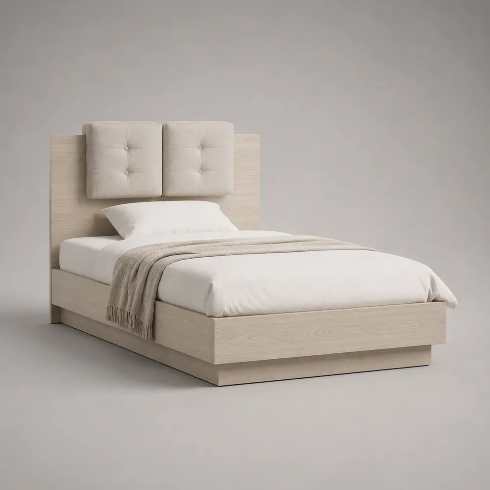 Letto singolo in legno 90 × 200 cm con testiera e 2 pannelli imbottiti, rovere sbiancato e beige