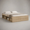 Letto matrimoniale in pannello truciolare melaminico rovere chiaro con 2 vani portaoggetti laterali, per materasso 160 x 200 cm, dimensioni 166 x 206 x 68 cm