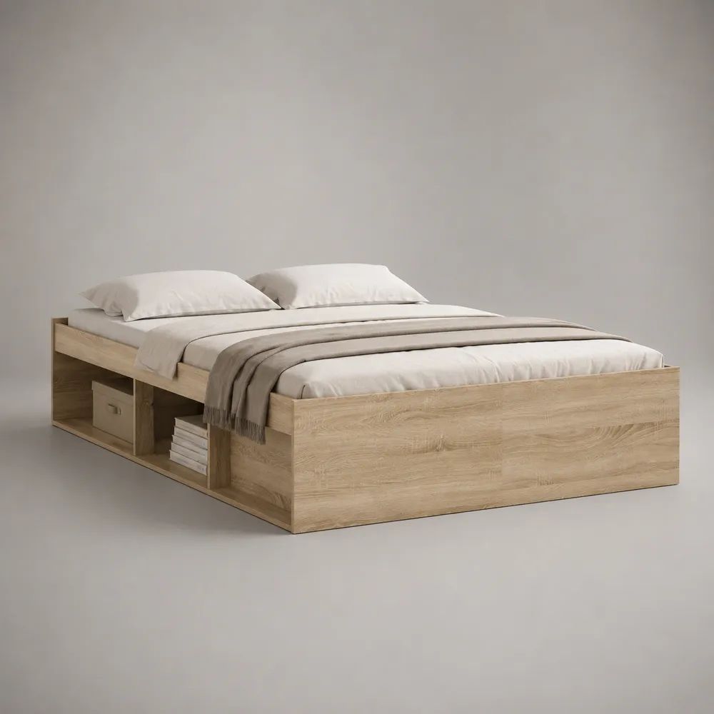 Letto matrimoniale in pannello truciolare melaminico rovere chiaro con 2 vani portaoggetti laterali, per materasso 160 x 200 cm, dimensioni 166 x 206 x 68 cm
