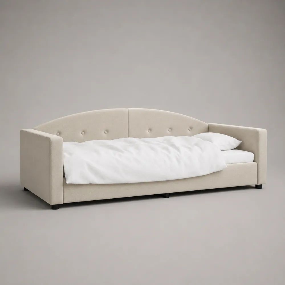 Letto singolo imbottito 90 x 200 cm in tessuto beige chiaro con schienale curvo e sponde