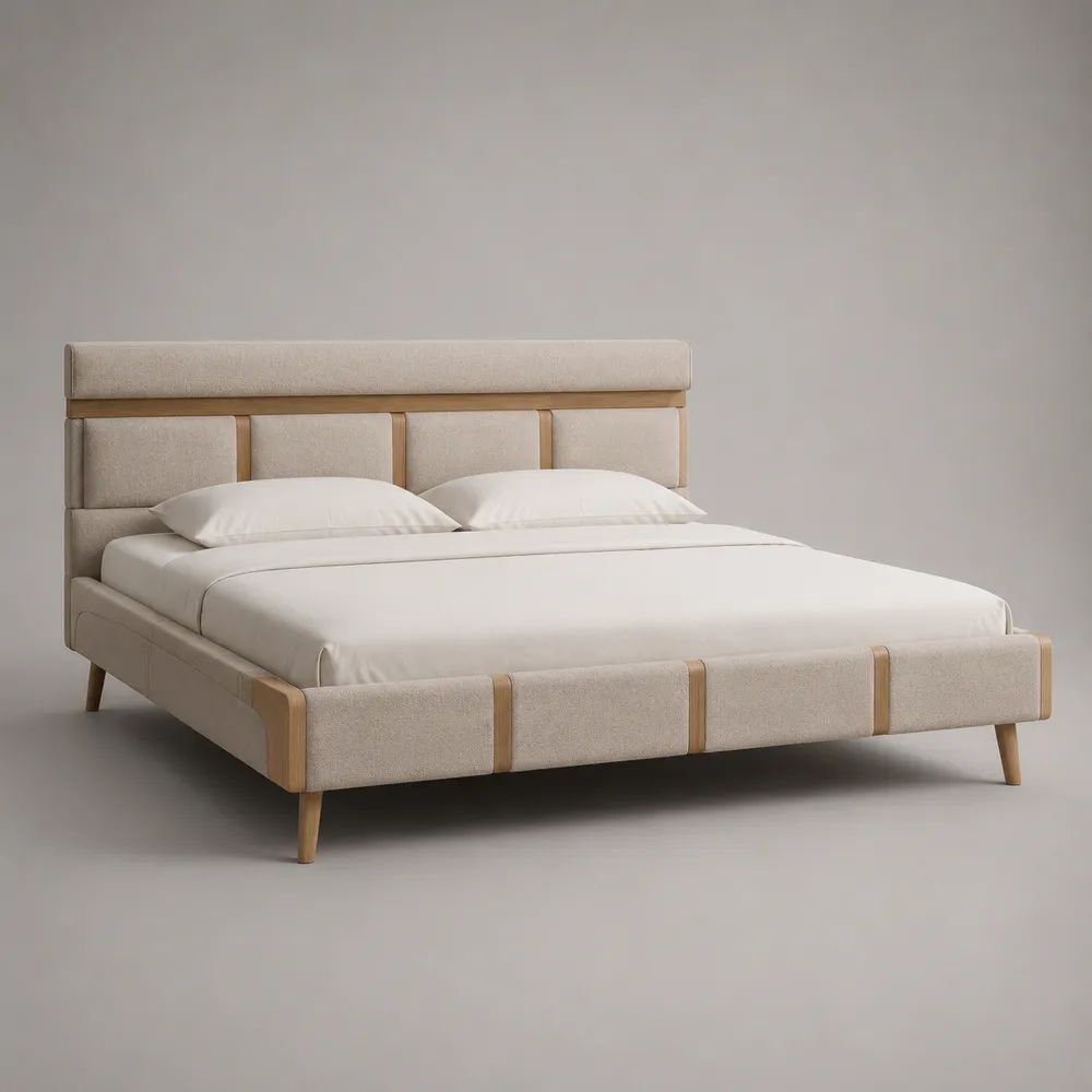 Letto matrimoniale imbottito 160 x 200 cm in poliestere beige e frassino massello con testiera alta
