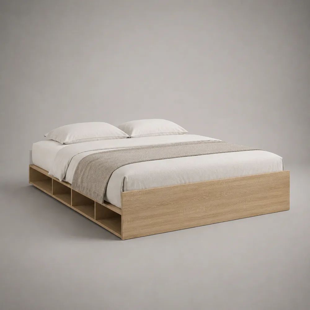 Letto matrimoniale 160 x 200 cm con 8 vani portaoggetti, struttura rettangolare in pannello truciolare melaminico, 206 x 166 x 43 cm, rovere naturale