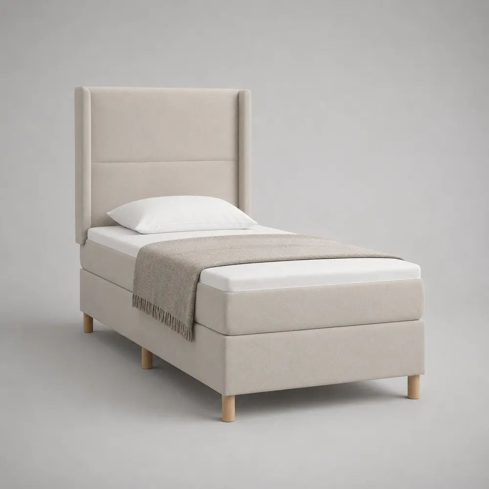 Set letto singolo imbottito beige con materasso 90 x 200 cm, rivestimento in poliestere e testiera alta 140 cm