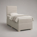 Letto singolo imbottito beige in tessuto con testiera alta, rete 90 x 200 cm, dimensioni 100 x 215 x 120 cm