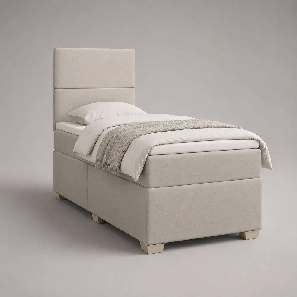 Letto singolo imbottito beige in tessuto con testiera alta, rete 90 x 200 cm, dimensioni 100 x 215 x 120 cm