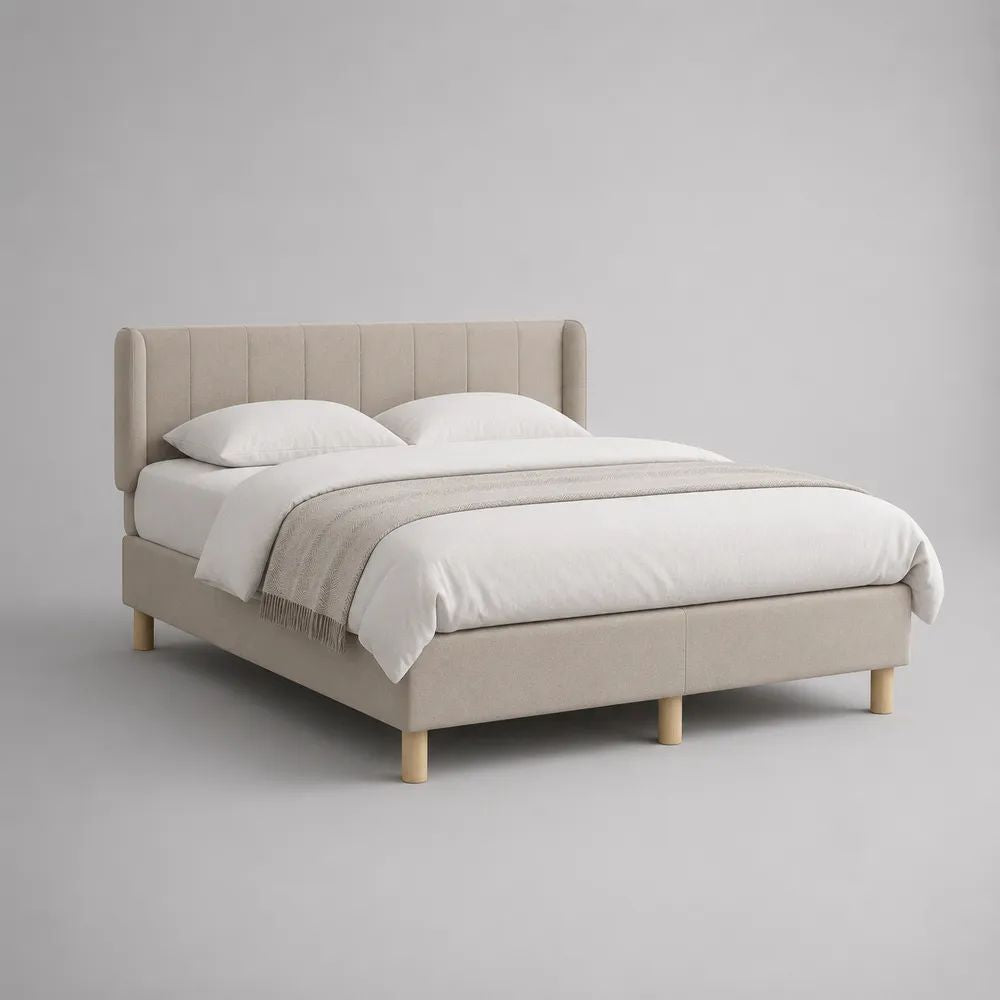 Letto matrimoniale imbottito 177 x 214 x 105 cm con rete 160 x 200 cm e testiera a pannelli, beige e naturale