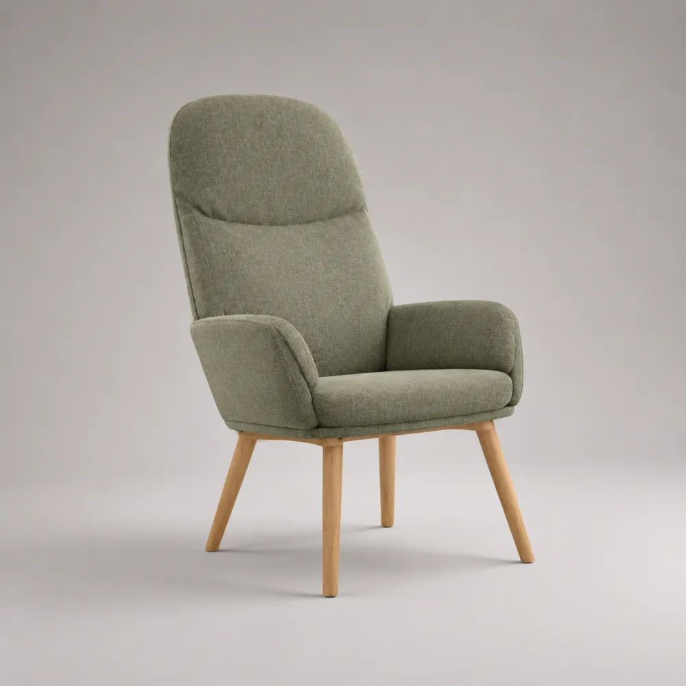 Poltrona imbottita a 1 posto in tessuto verde salvia con schienale alto, braccioli e gambe in legno, 75 x 82 x 101 cm
