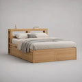 Letto matrimoniale contenitore 160 x 200 cm in legno massello di pino con testiera a libreria e cassetti, rovere naturale
