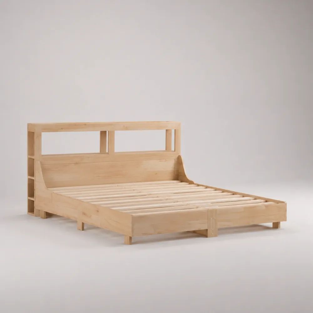Letto matrimoniale in legno massello naturale con testiera a vani, per materasso 160 x 200 cm, dimensioni 170 x 215 x 110 cm