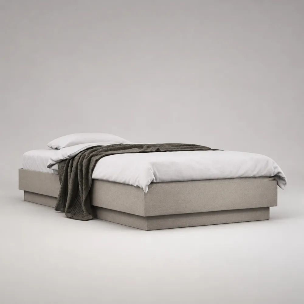 Letto matrimoniale imbottito senza testiera in tessuto beige con rete a doghe, 160 x 200 cm, dimensioni 170 x 210 x 40 cm