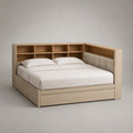 Letto matrimoniale in legno con libreria a L, cassetto e testiera imbottita, rovere chiaro e beige, 218 x 232 x 112 cm, per materasso 160 x 200 cm
