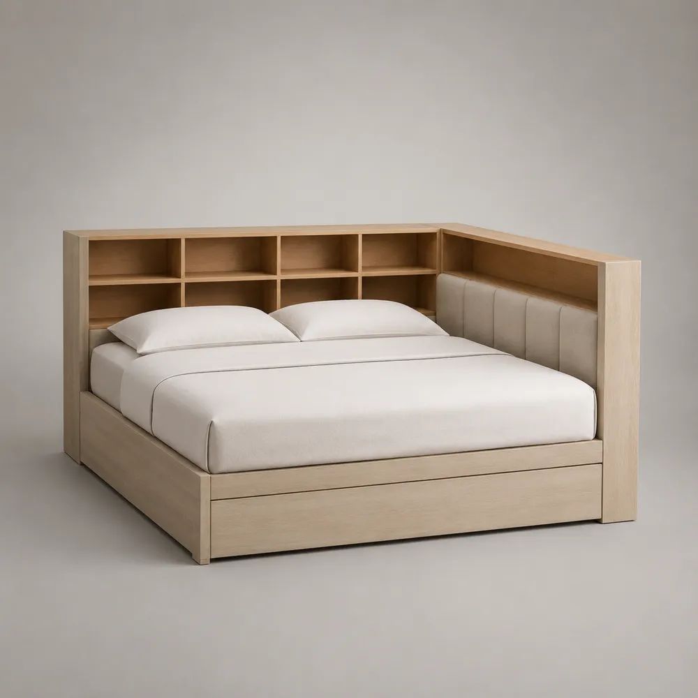 Letto matrimoniale in legno con libreria a L, cassetto e testiera imbottita, rovere chiaro e beige, 218 x 232 x 112 cm, per materasso 160 x 200 cm