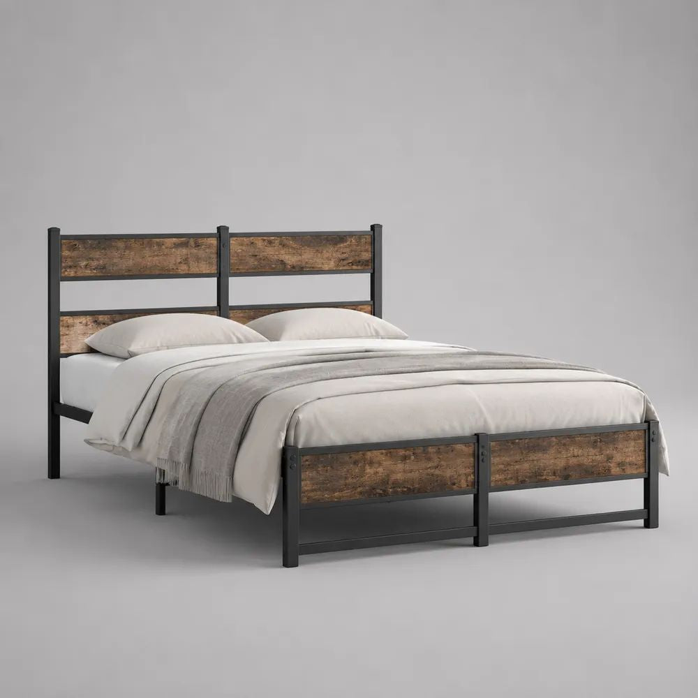 Letto matrimoniale 160 x 200 cm in acciaio e MDF, marrone e nero, dimensioni 207 x 166 x 100 cm