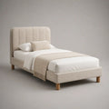 Letto singolo imbottito beige 90 x 200 cm in poliestere con testiera scanalata e rete a doghe
