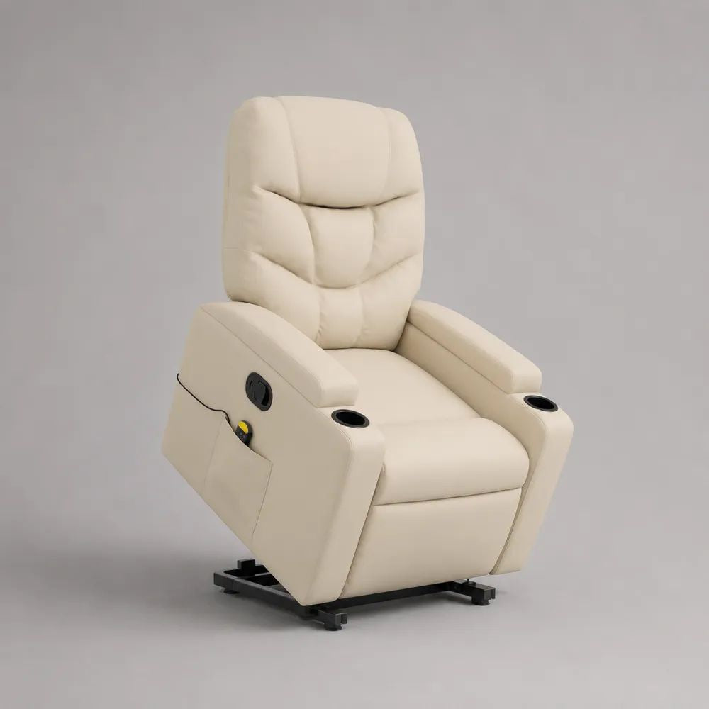 Poltrona relax elettrica alzapersona in pelle sintetica crema, 86 × 94 × 110 cm, con schienale alto e 2 portabicchieri