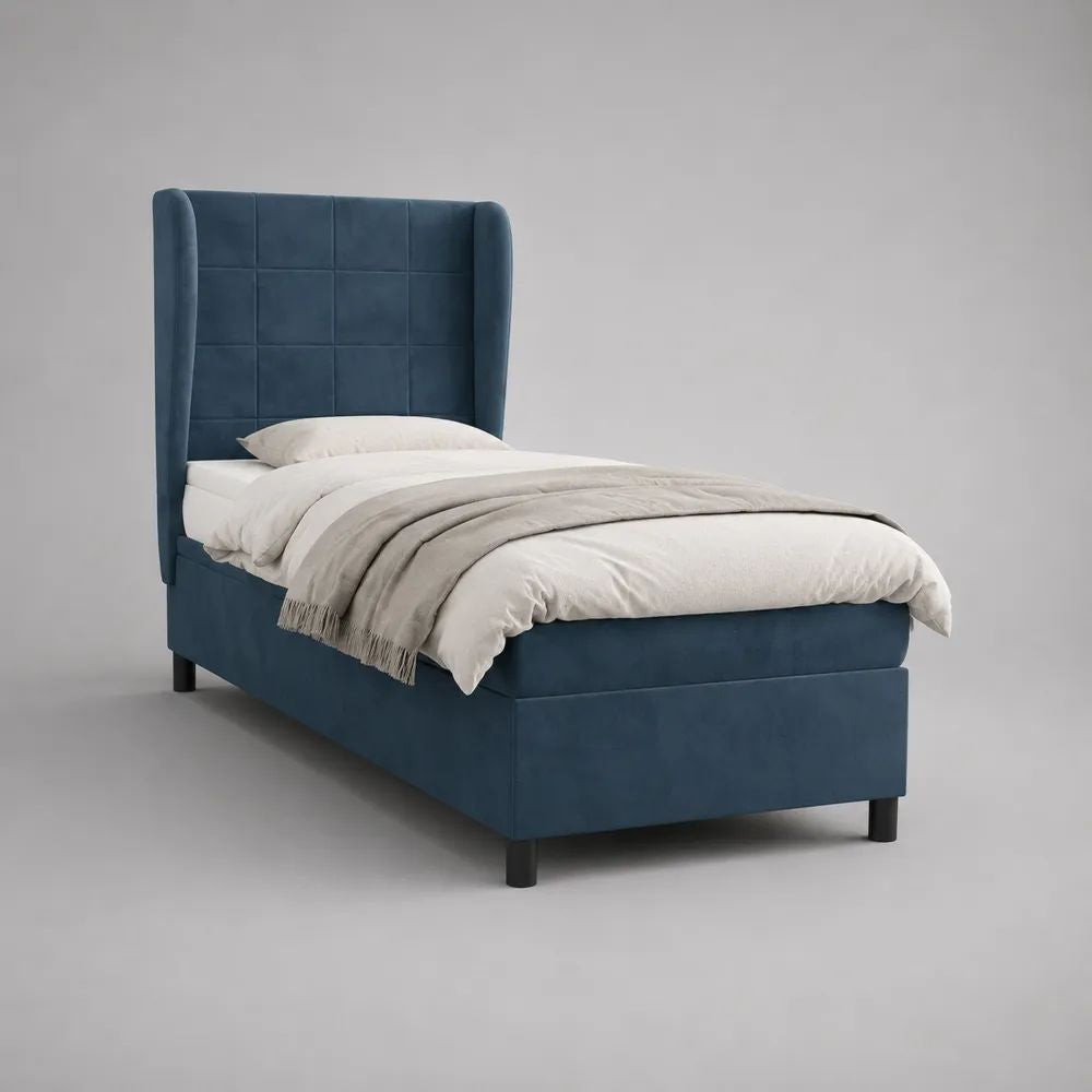 Letto singolo imbottito con rete a doghe 90 × 200 cm in velluto di poliestere blu petrolio, testiera alta rettangolare