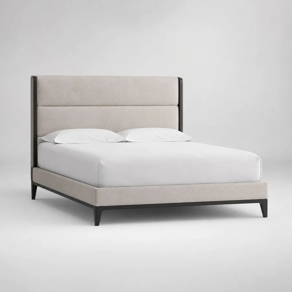 Letto matrimoniale imbottito 160 x 200 cm beige e nero con struttura in acciaio e testiera rettangolare