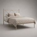Letto matrimoniale 160 x 200 cm in acciaio beige con testiera geometrica, 208 x 168 x 110 cm