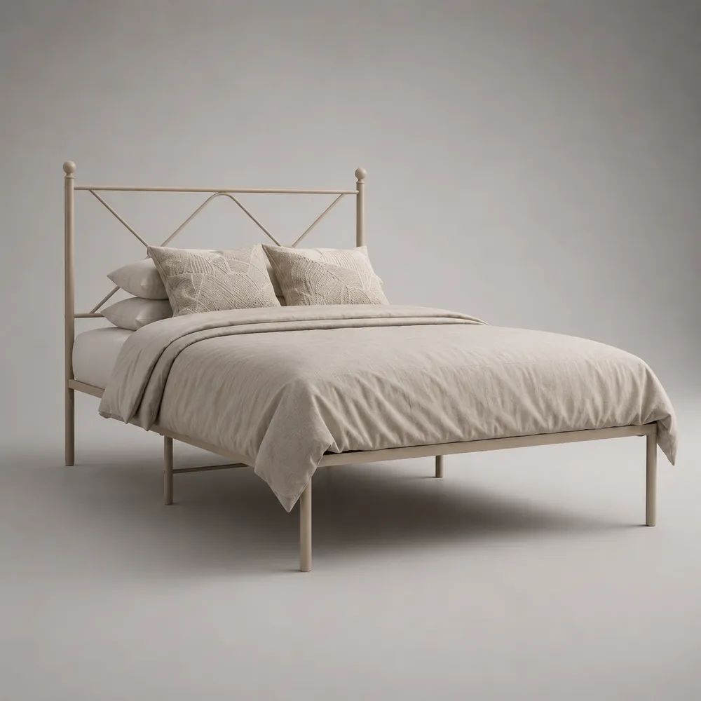 Letto matrimoniale 160 x 200 cm in acciaio beige con testiera geometrica, 208 x 168 x 110 cm
